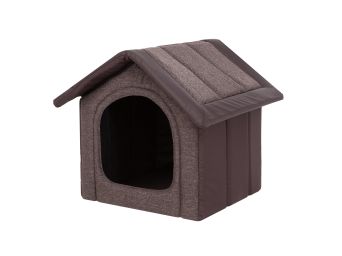 Hundehütte mit Hundebett "Inari", verschiedene Größen, Farbe braun mit Leder